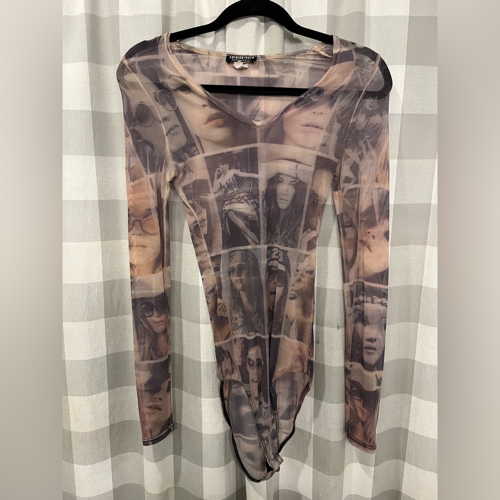Fashion Nova Multicolor Graphic Sheer Bodysuit